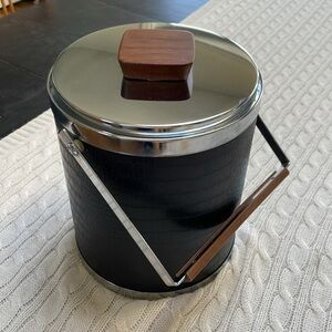Vintage MCM Kromex 10.5” H Ice Bucket. Black and Chrome.  Faux Alligator Skin.